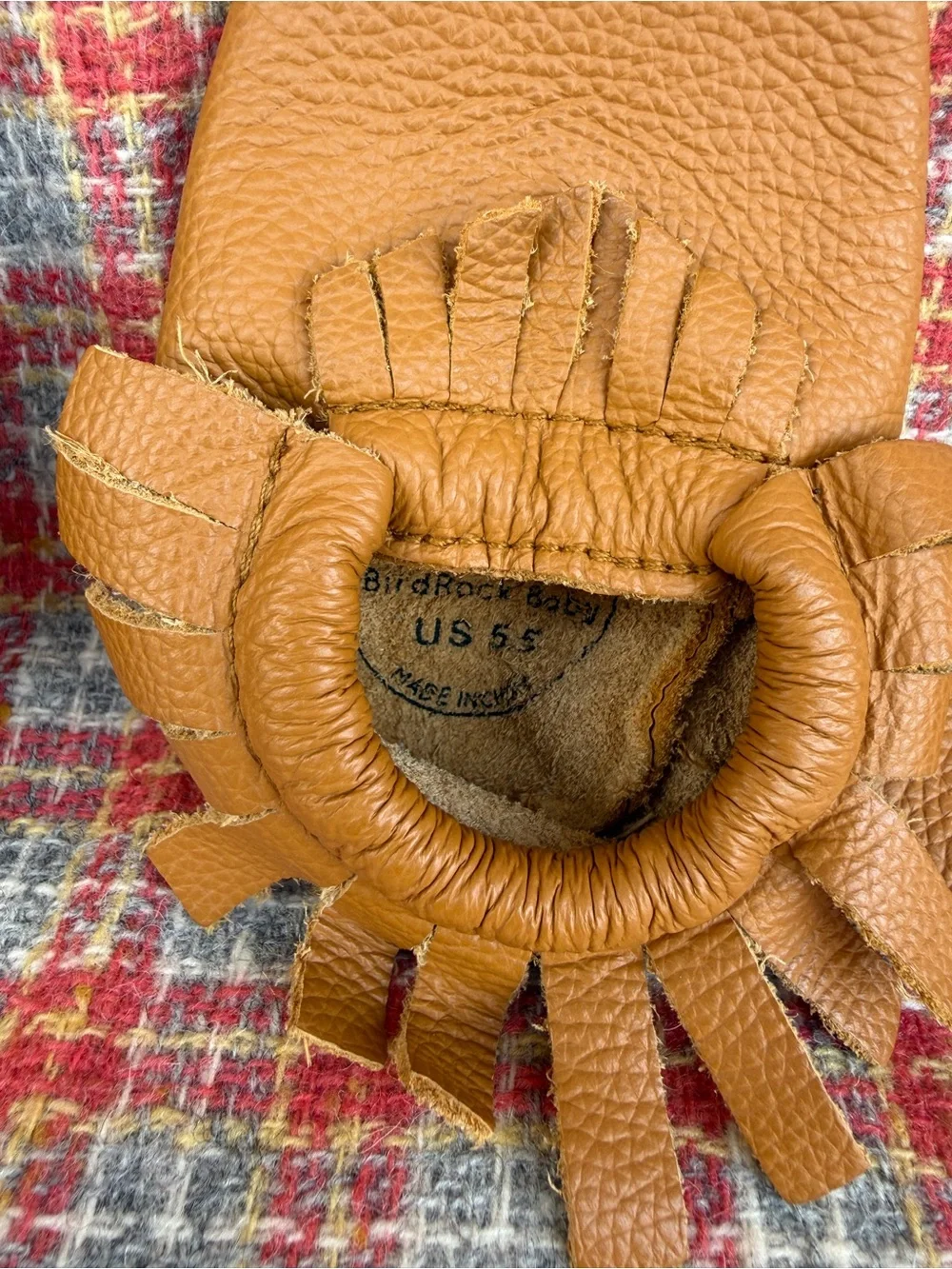 BIRDROCK boho baby Leather Fringe Moccasins - tan Brown size 6,5 NWOT
